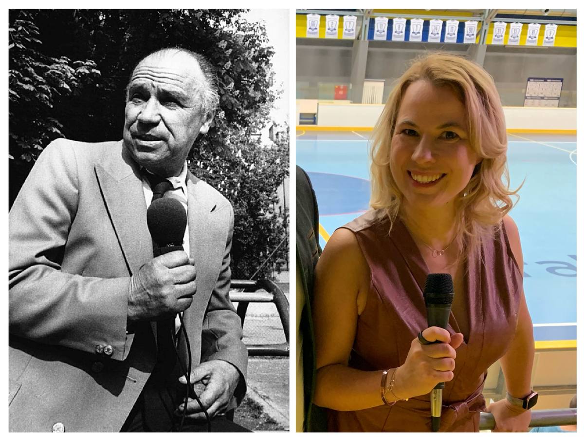 Two generations on the mic: Gabo Zelenay commentating, and Barbara Zelenay at a sports venue